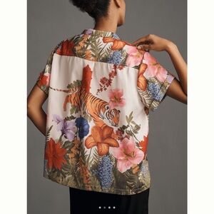 🐅Anthropologie Brenna Button-Down Short-Sleeve Shirt NEW SMALL Hawaiian Tiger